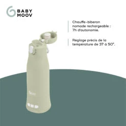 BabyMoov Chauffe-biberon Nomade Rechargeable Moov & Feed -Produits Pour Bébé chauffe biberon nomade rechargeable moov feed vert sauge babymoov bambinou renseignement