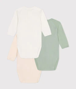 PETIT BATEAU Lot De 3 Bodies Croisés Manches Longues En Coton Bébé Trio Coeur