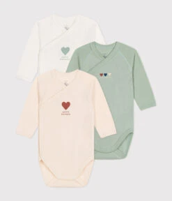 PETIT BATEAU Lot De 3 Bodies Croisés Manches Longues En Coton Bébé Trio Coeur -Produits Pour Bébé lot 3 bodies croises manches longues coton bebe variante 3 petit bateau bambinou produit face